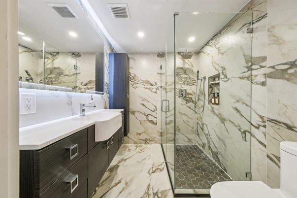 Bathroom, Glass Shower, Interior, Marble, Marble Walls, Recessed Lighting