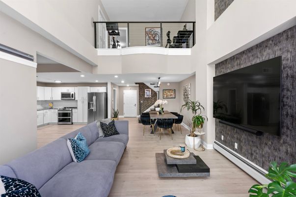 Dining room, Interior, Kitchen, Living room, Recessed Lighting, Stainless Steel Appliances, Wood Texture Flooring
