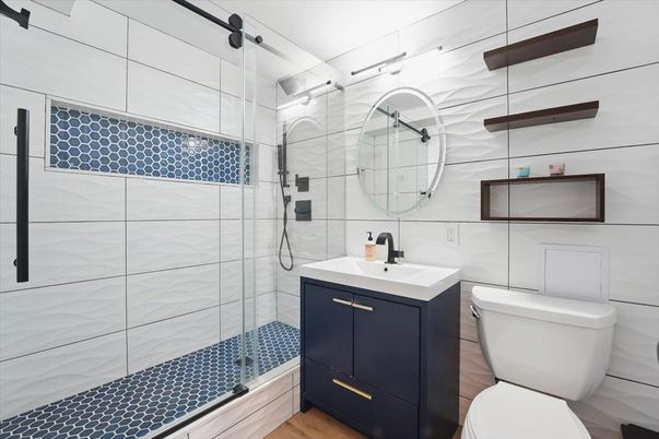 Bathroom, Glass Shower, Interior, Wood Texture Flooring