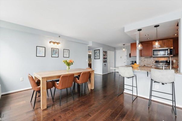 Dining room, Interior, Kitchen, Pendant Lights, Recessed Lighting, Stainless Steel Appliances, Wood Texture Flooring