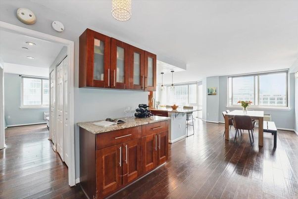 Dining room, Interior, Kitchen, Pendant Lights, Recessed Lighting, Wood Texture Flooring