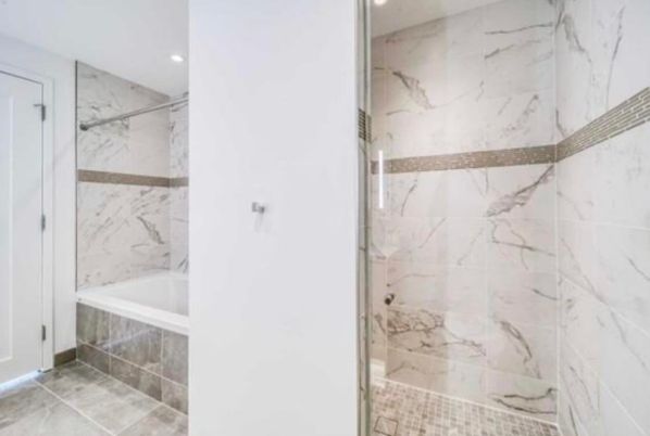 Bathroom, Glass Shower, Interior, Marble Walls, Recessed Lighting