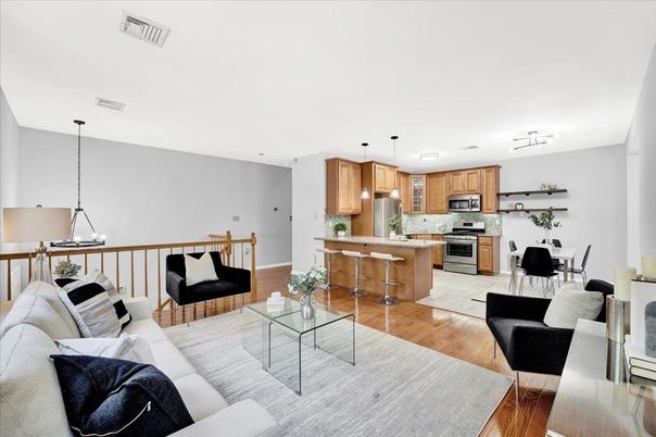 Dining room, Interior, Kitchen, Living room, Pendant Lights, Stainless Steel Appliances, Wood Texture Flooring