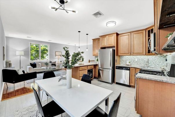 Dining room, Interior, Kitchen, Living room, Pendant Lights, Stainless Steel Appliances
