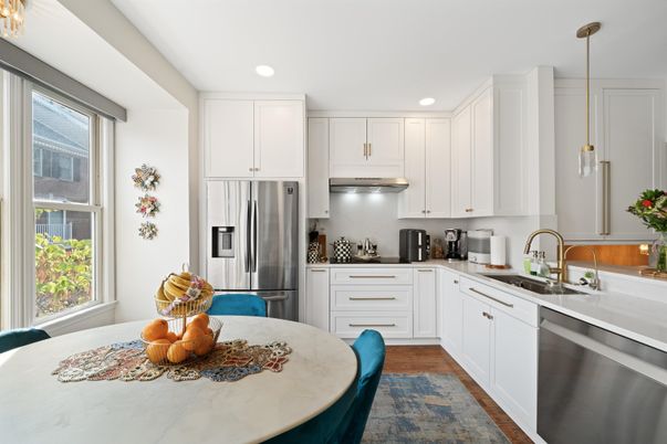 Interior, Kitchen, Pendant Lights, Recessed Lighting, Stainless Steel Appliances, Wood Texture Flooring