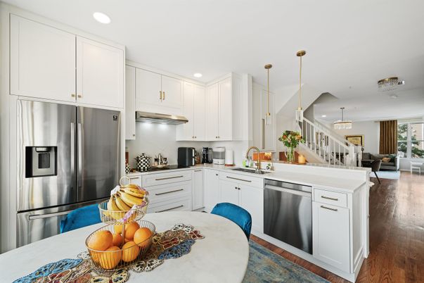 Dining room, Interior, Kitchen, Pendant Lights, Recessed Lighting, Stainless Steel Appliances, Wood Texture Flooring