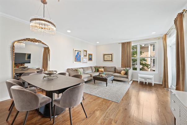 Chandelier, Dining room, Interior, Living room, Recessed Lighting, Wood Texture Flooring