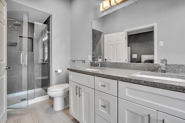 Bathroom, Dual Sink Vanities, Glass Shower, Interior, Wood Texture Flooring