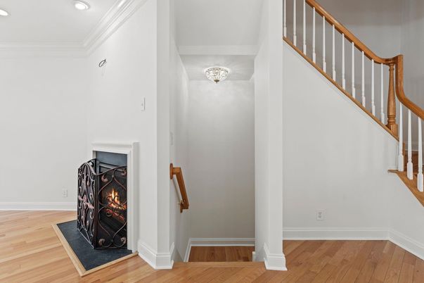 Fireplace, Interior, Recessed Lighting, Wood Texture Flooring