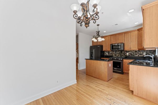 Chandelier, Interior, Kitchen, Recessed Lighting, Wood Texture Flooring