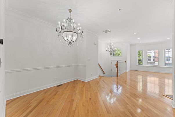 Chandelier, Empty room, Interior, Recessed Lighting, Wood Texture Flooring