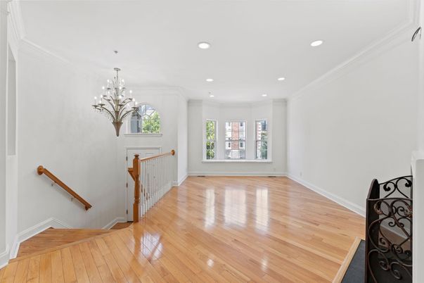 Chandelier, Empty room, Interior, Recessed Lighting, Wood Texture Flooring