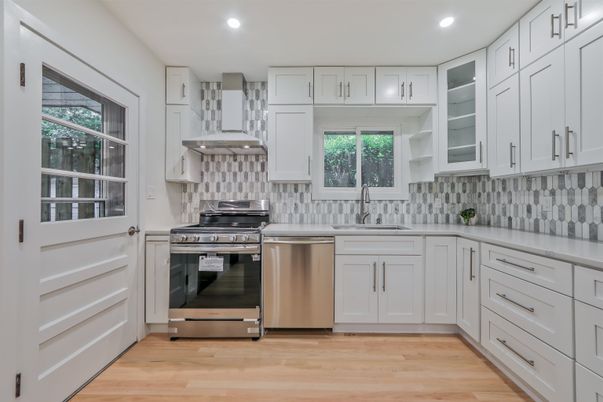 Interior, Kitchen, Recessed Lighting, Stainless Steel Appliances, Wood Texture Flooring