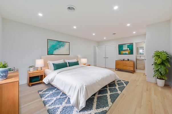 Bedroom, Interior, Recessed Lighting, Wood Texture Flooring