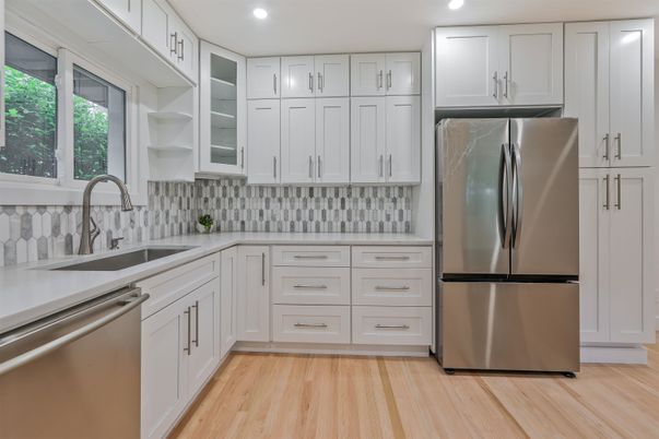 Interior, Kitchen, Recessed Lighting, Stainless Steel Appliances, Wood Texture Flooring