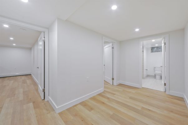 Bathroom, Empty room, Interior, Recessed Lighting, Wood Texture Flooring