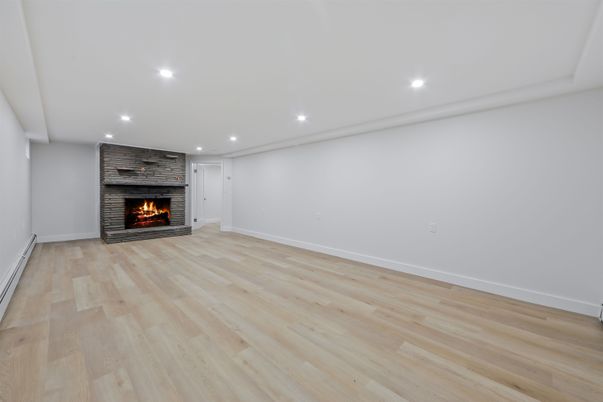 Empty room, Fireplace, Interior, Recessed Lighting, Wood Texture Flooring