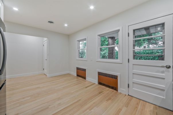 Empty room, Fireplace, Interior, Recessed Lighting, Wood Texture Flooring