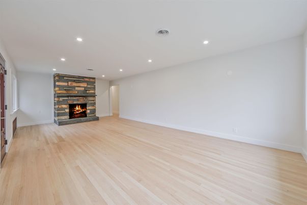 Empty room, Fireplace, Interior, Recessed Lighting, Wood Texture Flooring