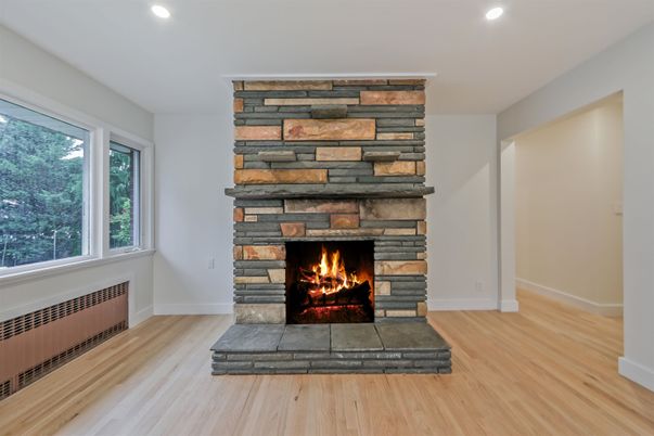 Fireplace, Interior, Recessed Lighting, Wood Texture Flooring