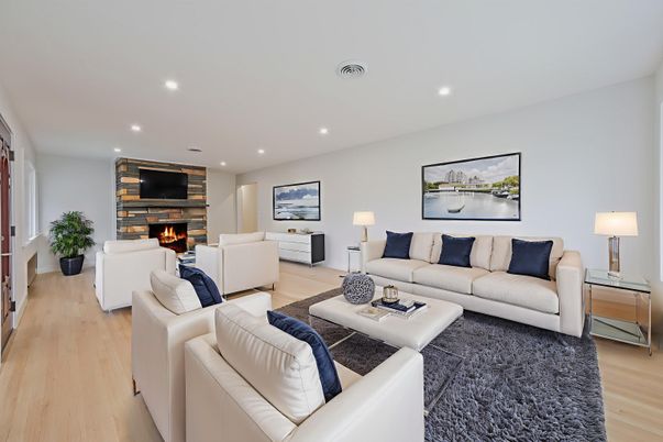 Fireplace, Interior, Living room, Recessed Lighting, Wood Texture Flooring