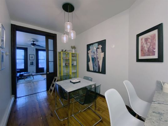 Dining room, Interior, Pendant Lights, Wood Texture Flooring