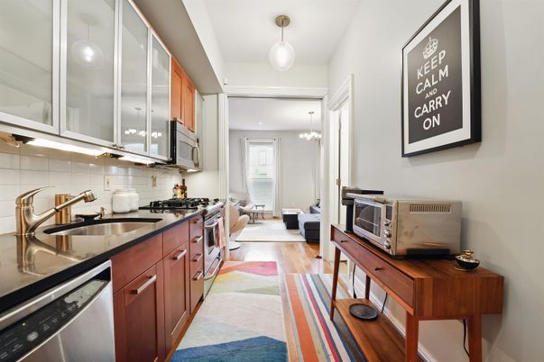 Chandelier, Interior, Kitchen, Pendant Lights, Stainless Steel Appliances, Wood Texture Flooring