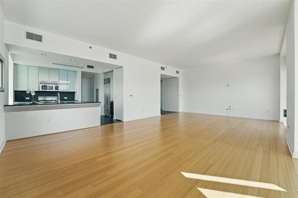 Empty room, Interior, Kitchen, Stainless Steel Appliances, Wood Texture Flooring
