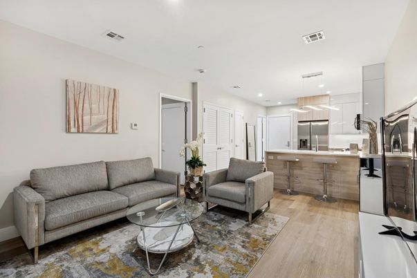 Interior, Kitchen, Living room, Recessed Lighting, Stainless Steel Appliances, Wood Texture Flooring