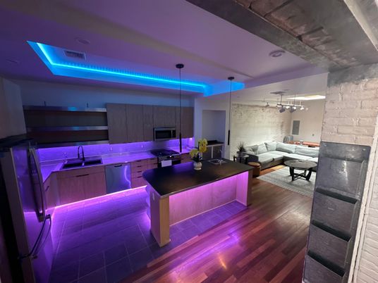 Interior, Kitchen, Living room, Pendant Lights, Stainless Steel Appliances, Stone Walls, Wood Texture Flooring