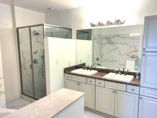 Bathroom, Dual Sink Vanities, Glass Shower, Interior, Marble Walls