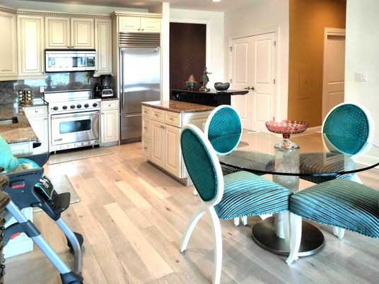 Dining room, Interior, Kitchen, Recessed Lighting, Stainless Steel Appliances, Wood Texture Flooring