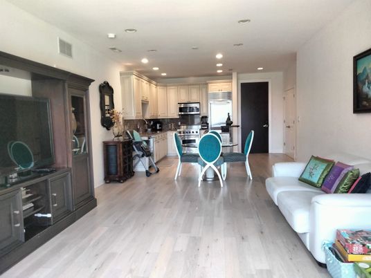 Dining room, Interior, Kitchen, Living room, Recessed Lighting, Stainless Steel Appliances, Wood Texture Flooring