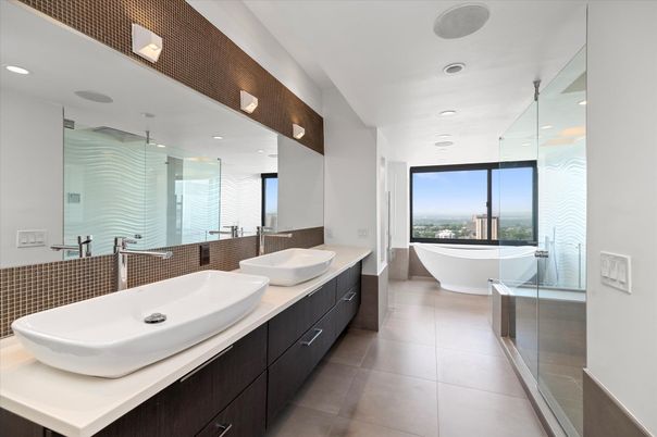 Bathroom, Dual Sink Vanities, Free Standing Baths, Glass Shower, Interior, Recessed Lighting