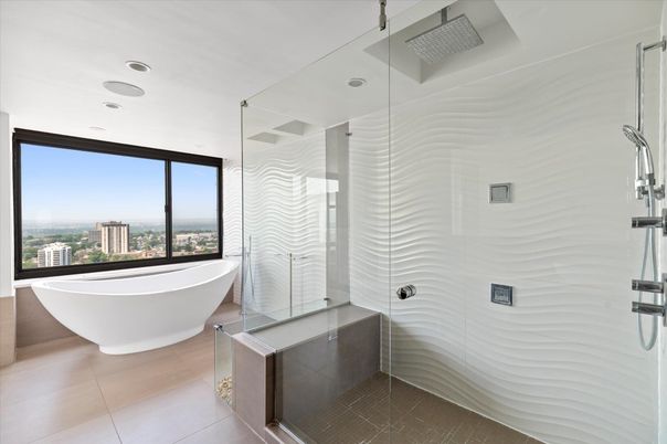 Bathroom, Free Standing Baths, Glass Shower, Interior, Recessed Lighting
