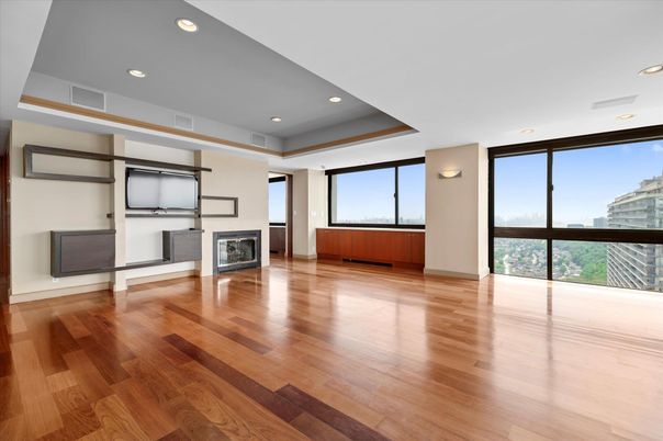 Empty room, Fireplace, Interior, Recessed Lighting, Wood Texture Flooring