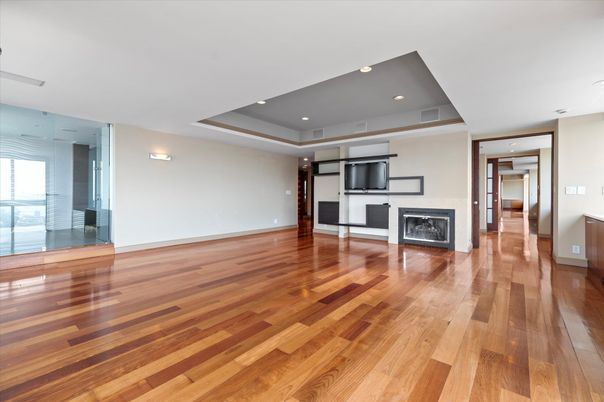 Empty room, Fireplace, Interior, Recessed Lighting, Wood Texture Flooring