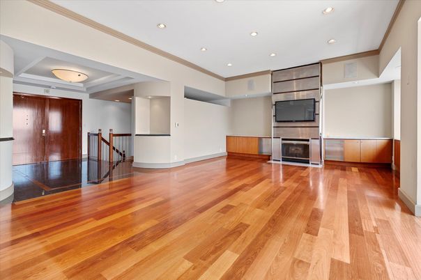 Empty room, Fireplace, Interior, Recessed Lighting, Wood Texture Flooring