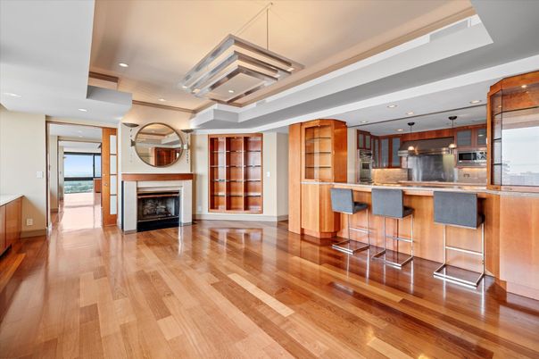 Fireplace, Interior, Kitchen, Pendant Lights, Recessed Lighting, Stainless Steel Appliances, Wood Texture Flooring