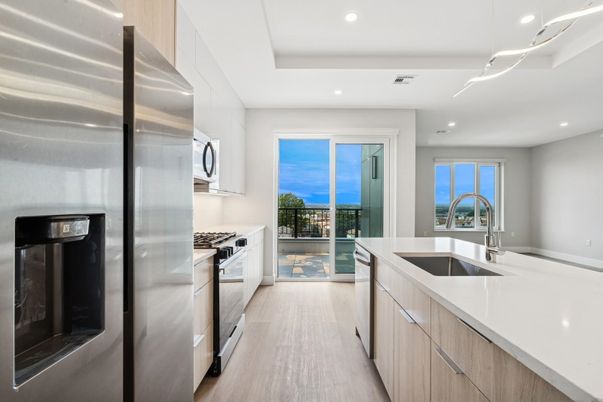 Interior, Kitchen, Recessed Lighting, Stainless Steel Appliances, Water, Wood Texture Flooring