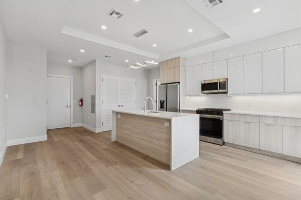 Interior, Kitchen, Recessed Lighting, Stainless Steel Appliances, Wood Texture Flooring