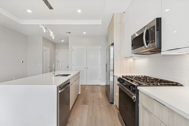 Interior, Kitchen, Pendant Lights, Recessed Lighting, Stainless Steel Appliances, Wood Texture Flooring