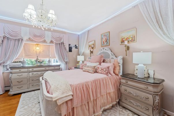 Bedroom, Chandelier, Interior, Wood Texture Flooring