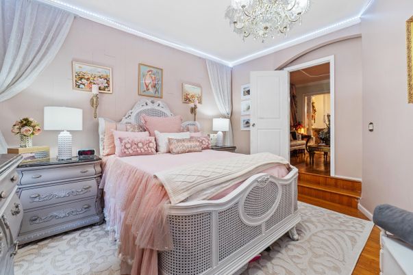 Bedroom, Chandelier, Interior, Wood Texture Flooring