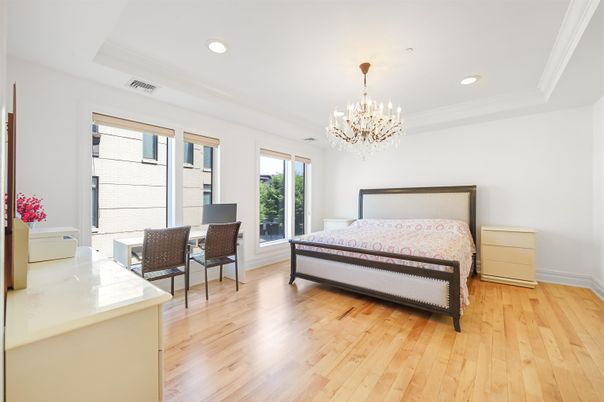 Bedroom, Chandelier, Home Office, Interior, Recessed Lighting, Wood Texture Flooring