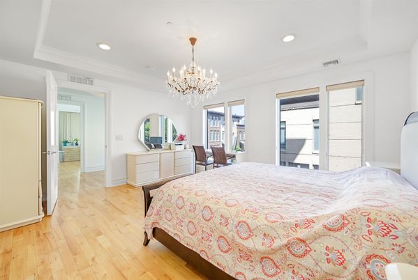 Bedroom, Chandelier, Interior, Recessed Lighting, Wood Texture Flooring
