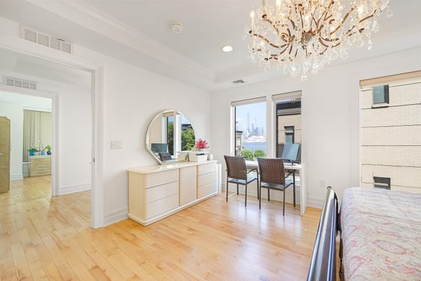 Chandelier, Home Office, Interior, Recessed Lighting, Wood Texture Flooring