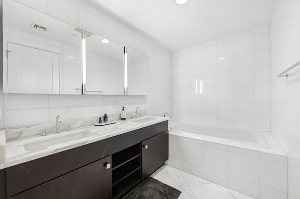 Bathroom, Dual Sink Vanities, Interior, Marble, Recessed Lighting