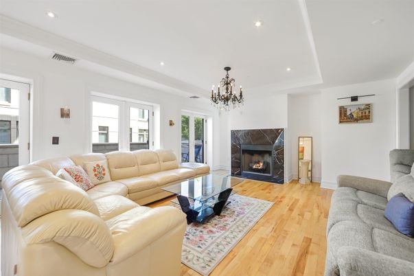 Chandelier, Fireplace, Interior, Living room, Recessed Lighting, Wood Texture Flooring