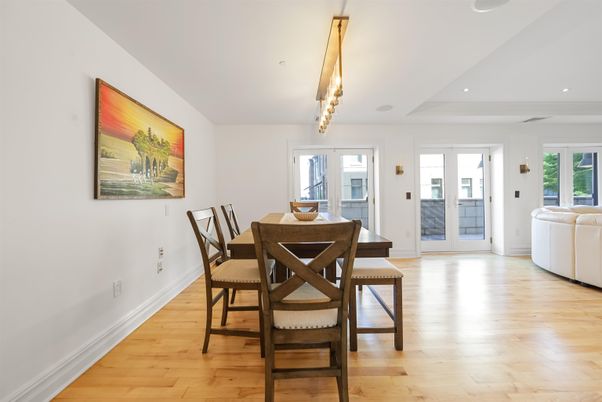 Dining room, Interior, Pendant Lights, Recessed Lighting, Wood Texture Flooring